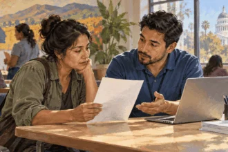 Conceptual painting of California resident at a community health enrollment desk asks a navigator about a blank coverage notice.