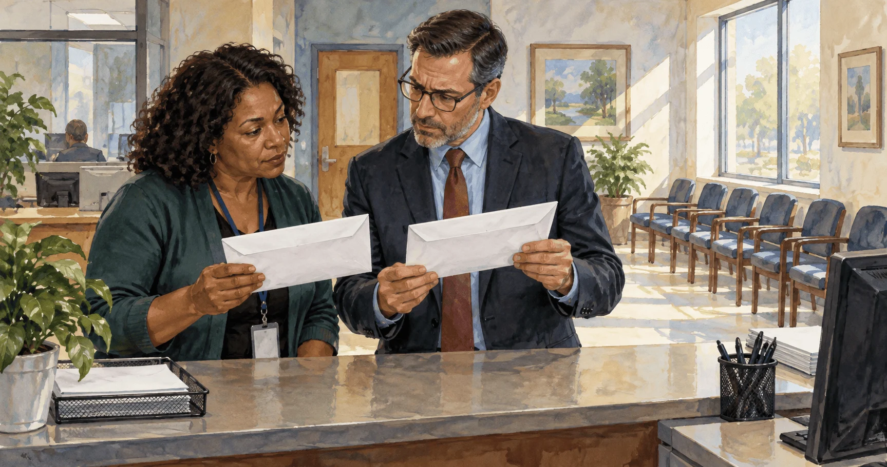 Conceptual watercolor of a state administrator and lawyer reviewing blank Medicaid renewal envelopes.
