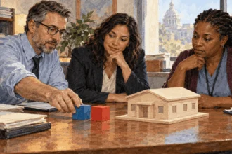 Conceptual watercolor painting of finance workers comparing two contribution blocks beside an unmarked clinic model.
