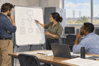 Conceptual painting of utility and cybersecurity staff coordinating protections.
