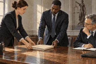 Conceptual watercolor painting of fictional officials review an investigation packet.