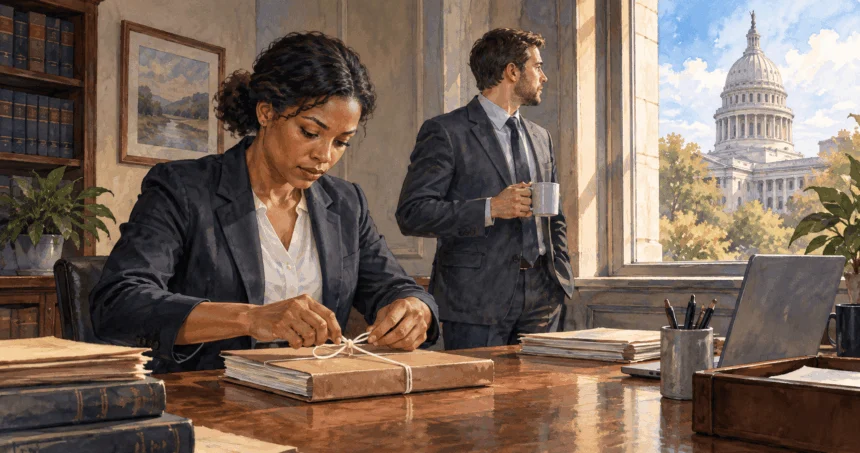 Conceptual watercolor of state lawyers preparing a closed court filing.