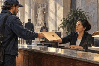Conceptual painted illustration of a courier delivering a sealed referral envelope to a government clerk.