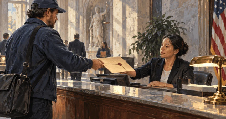 Conceptual painted illustration of a courier delivering a sealed referral envelope to a government clerk.