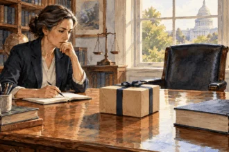Conceptual watercolor of an ethics scholar considering a closed gift box and legal volume.
