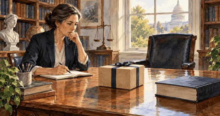 Conceptual watercolor of an ethics scholar considering a closed gift box and legal volume.