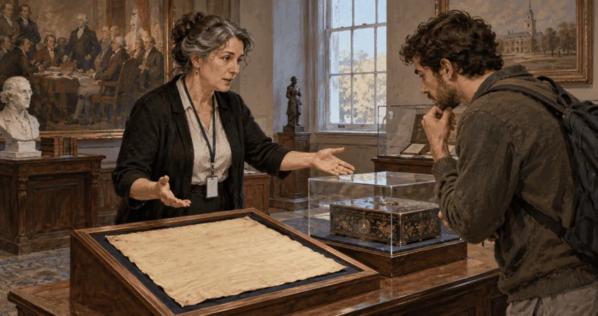 A curator compares a constitutional charter and diplomatic gift display.