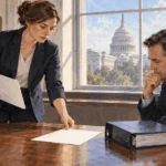 Conceptual painting of counsel and an agency official comparing a funding law with its condition.