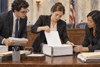 Congressional clerk adds a policy sheet to a funding binder.