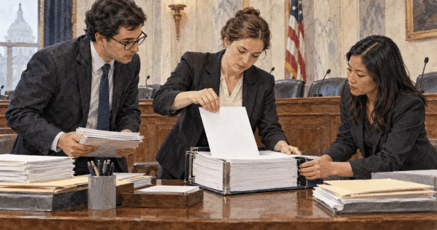 Congressional clerk adds a policy sheet to a funding binder.