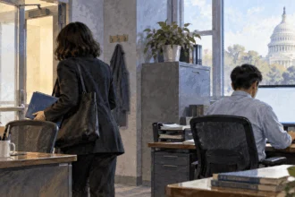 One federal worker closes a folder while another continues work during a funding lapse.