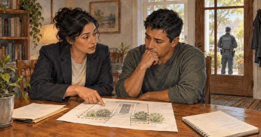 Painted scene of an attorney discussing a home-entry boundary with a client.