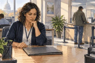 Conceptual painting of a federal worker at a public service counter during a funding lapse.