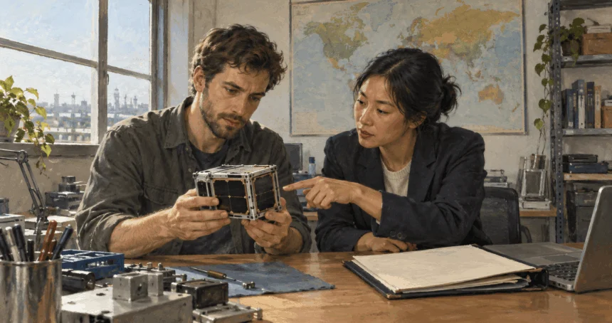 Engineers discuss a satellite component and an export review folder.