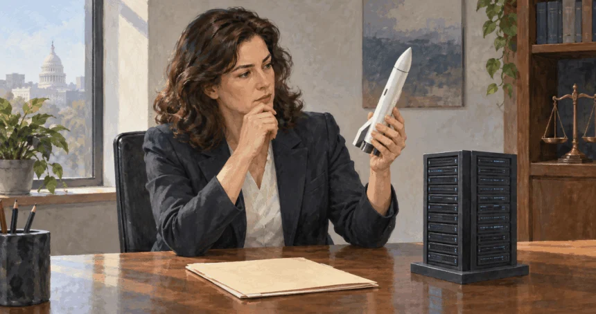 Conceptual painting of a competition lawyer considering a private-company merger.