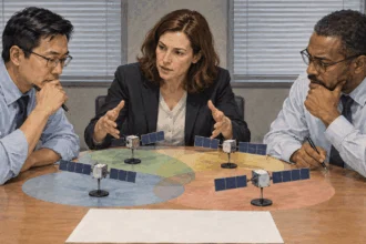 Technical reviewers compare satellite models and blank spectrum-planning sheets.
