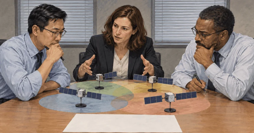 Technical reviewers compare satellite models and blank spectrum-planning sheets.