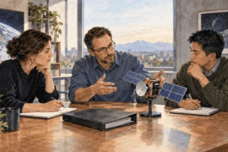 Painted illustration of officials and an engineer reviewing a generic satellite model.