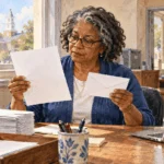 Painted illustration of election clerk reviews blank voter-list maintenance notice and sealed reply envelope.