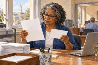 Painted illustration of election clerk reviews blank voter-list maintenance notice and sealed reply envelope.