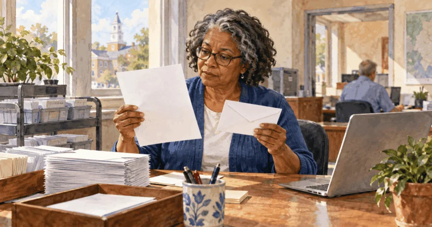 Painted illustration of election clerk reviews blank voter-list maintenance notice and sealed reply envelope.