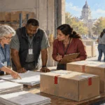 Painted illustration of election workers planning ballot-box logistics in a county warehouse.