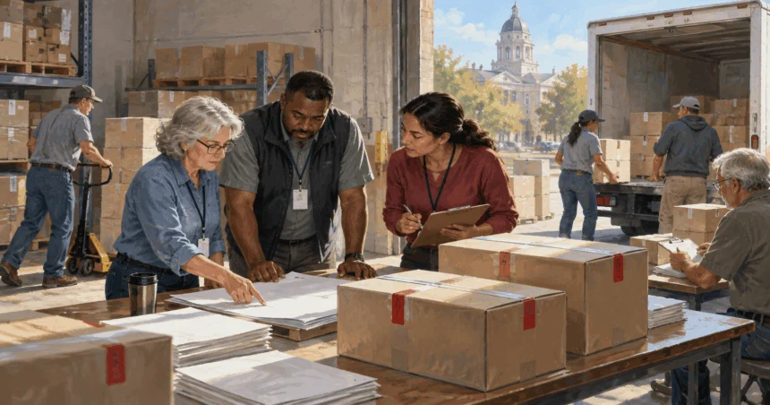 Painted illustration of election workers planning ballot-box logistics in a county warehouse.