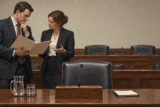 Lawyers discuss a hearing request beside an empty witness chair.