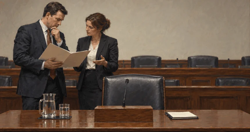 Lawyers discuss a hearing request beside an empty witness chair.