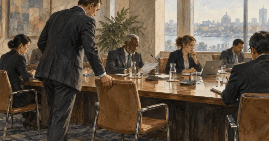 Conceptual painting of an empty chair at a conference table as other participants continue working.