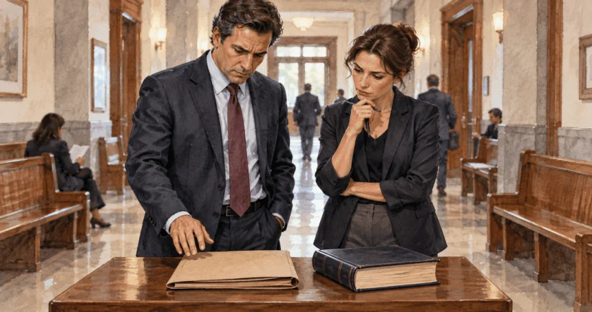 Conceptual watercolor of two legal professionals considering a closed folder in a state courthouse.