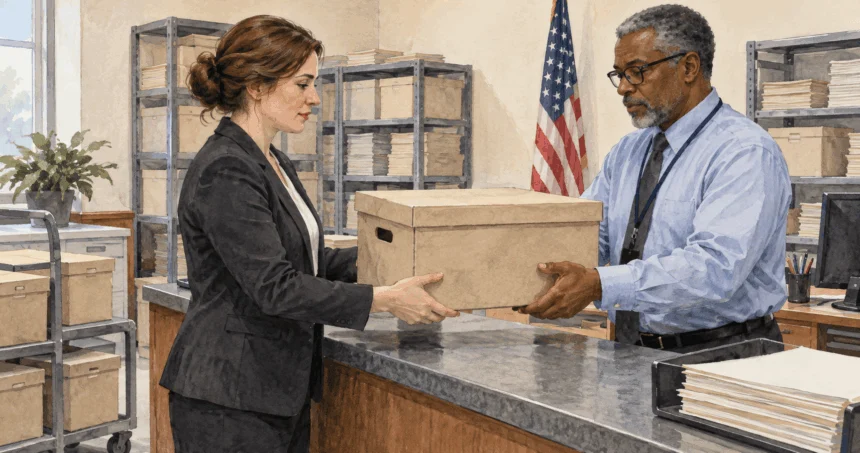 Court clerks transferring a trial-record box in a federal records room.