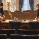 Conceptual watercolor of congressional staff preparing an oversight hearing room.