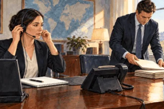 Conceptual watercolor of an interpreter and analyst preparing for a diplomatic phone call.