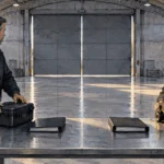 Conceptual watercolor of arms-control inspectors with closed binders at an empty table.