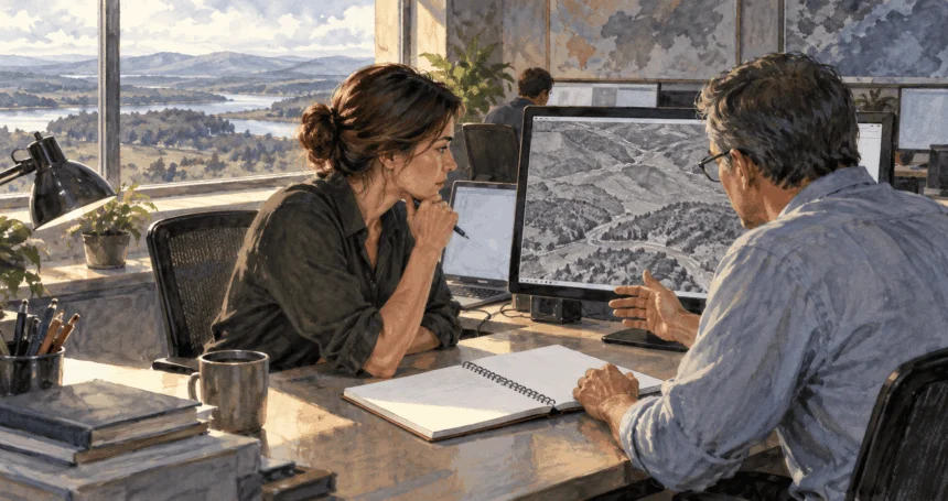 Conceptual watercolor painting of analysts examine generic satellite image.