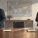 Conceptual painting of arms-control analysts beside an unused inspection table.