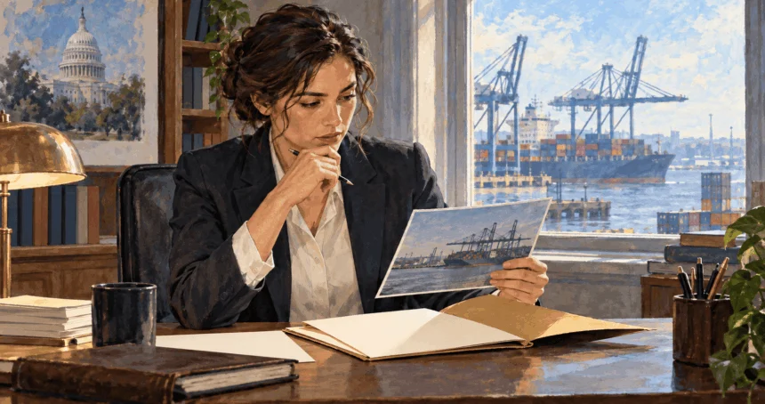 Conceptual painting of a congressional aide studying trade policy near a port.