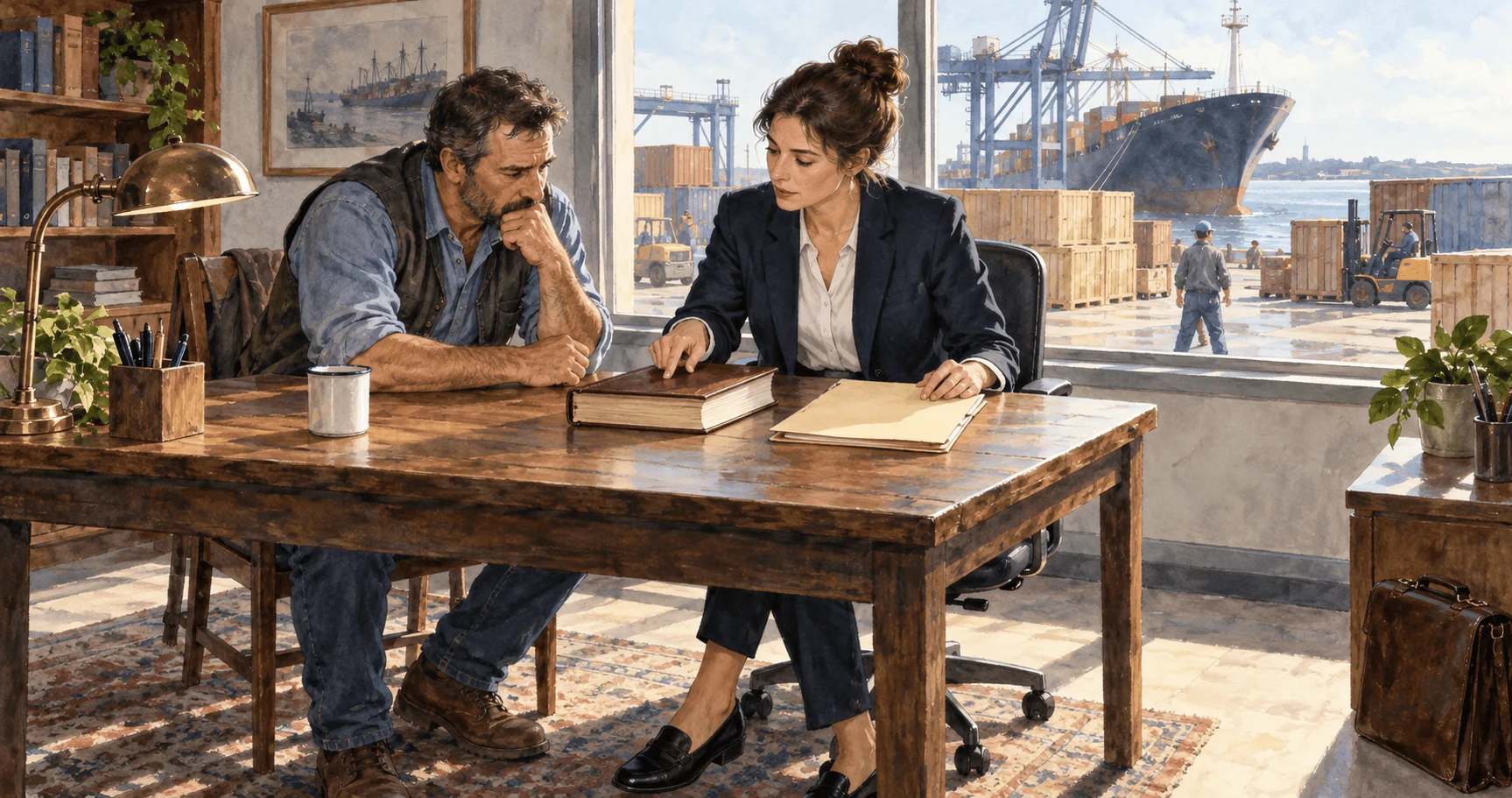 Conceptual watercolor of an importer and adviser weighing a shipping folder beside a law book.