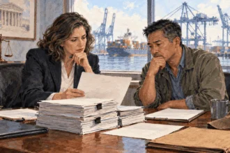 Lawyer and importer review tariff paperwork near a shipping harbor.