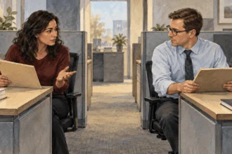 Conceptual watercolor of civilian analysts discussing separate closed folders across an office aisle.