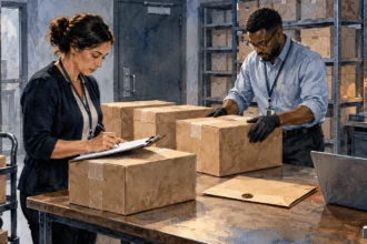 Conceptual painting of officials cataloging sealed election-record boxes beside a court envelope.