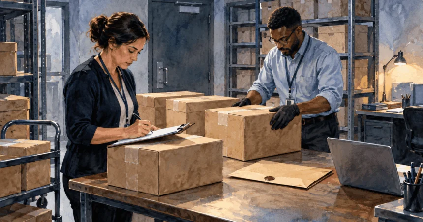 Conceptual painting of officials cataloging sealed election-record boxes beside a court envelope.