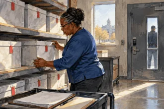 Painted illustration of an election records custodian handling sealed archive boxes while an agent waits outside the secure room.
