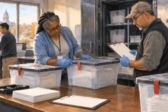 Painted illustration of county election staff checking sealed ballot boxes in a records room.