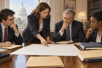 Conceptual painting of analysts reviewing staffing and budget records.