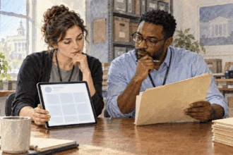 Conceptual painting of records staff considering preservation of official social posts.