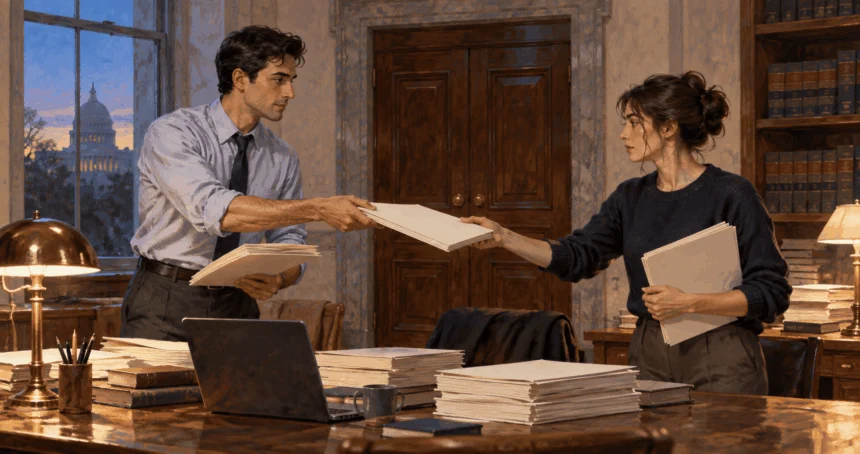 Conceptual painting of court clerks working through draft opinions.