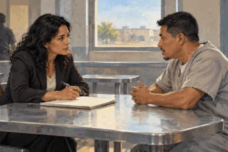 Painted illustration of legal advocate and detained adult talking across a visitation-room table.