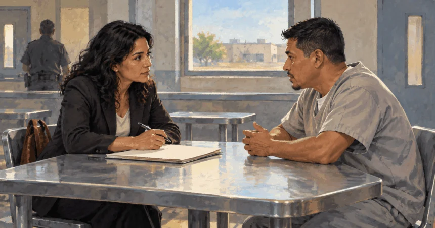 Painted illustration of legal advocate and detained adult talking across a visitation-room table.